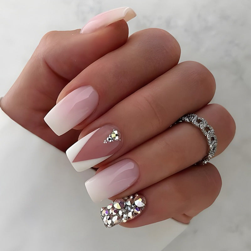 96PCS (4 PACK) Gradient Press on Nails with Rhinestones Design, Glossy Pink Ombre Medium Square False Nails Gel Glue on Nails Simple Crystal Manicure Art Acrylic Fake Nails Stick on Nails for Women Girls